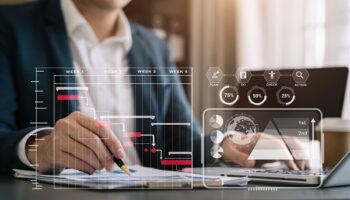Businessman hand working with virtual innovation Operations management involving business process on computer dashboard.